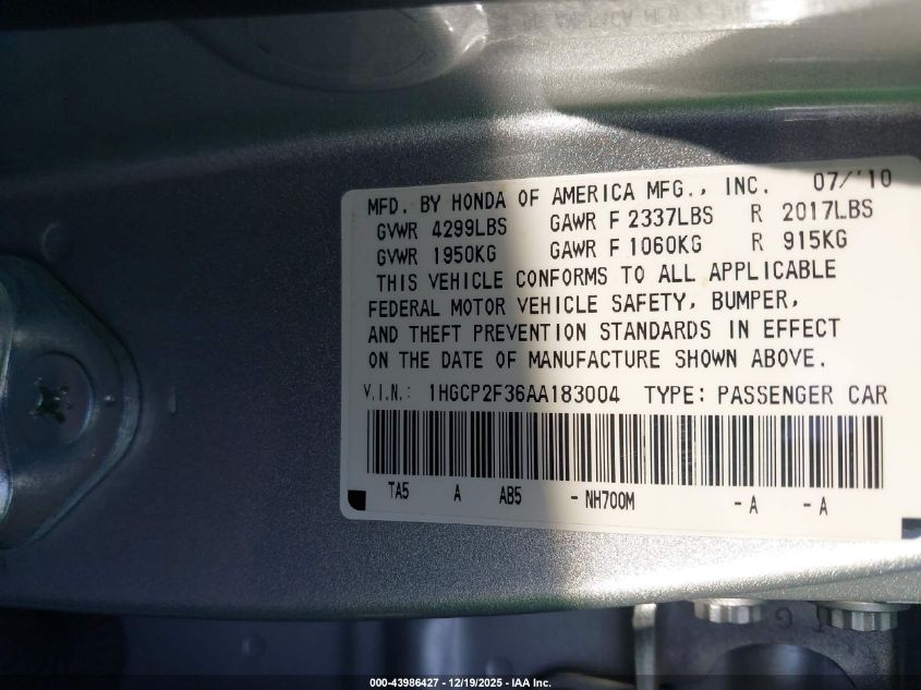 2010 Honda Accord 2.4 Lx VIN: 1HGCP2F36AA183004 Lot: 43986427