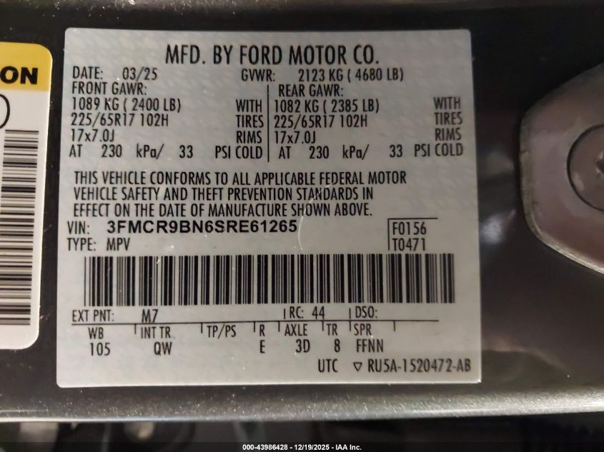 2025 Ford Bronco Sport Big Bend VIN: 3FMCR9BN6SRE61265 Lot: 43986428