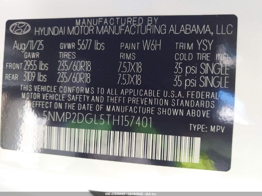 2026 Hyundai Santa Fe Sel VIN: 5NMP2DGL5TH157401 Lot: 43986442