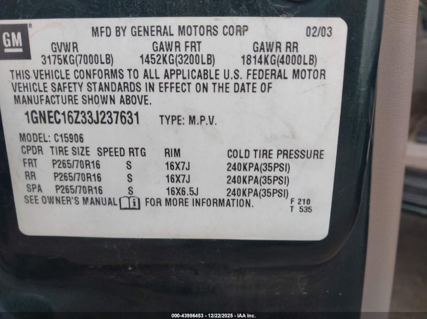 2003 Chevrolet Suburban VIN: 1GNEC16733J237631 Lot: 43986453