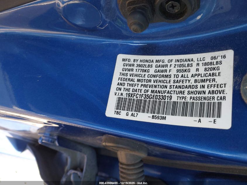 2016 Honda Civic Ex-T VIN: 19XFC1F35GE033019 Lot: 43986455