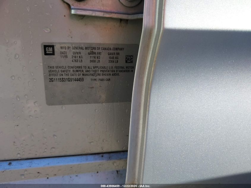 2016 Chevrolet Impala 2Lt VIN: 2G1115S31G9144459 Lot: 43986459