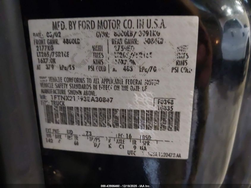 2003 Ford F-250 Lariat/Xl/Xlt VIN: 1FTNX21F93EA30847 Lot: 43986460