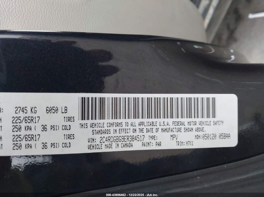 2014 Dodge Grand Caravan American Value Pkg VIN: 2C4RDGBG9ER384517 Lot: 43986462