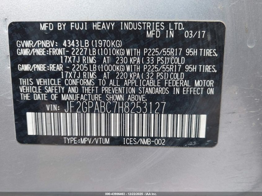 2017 Subaru Crosstrek 2.0I Premium VIN: JF2GPABC7H8253127 Lot: 43986463