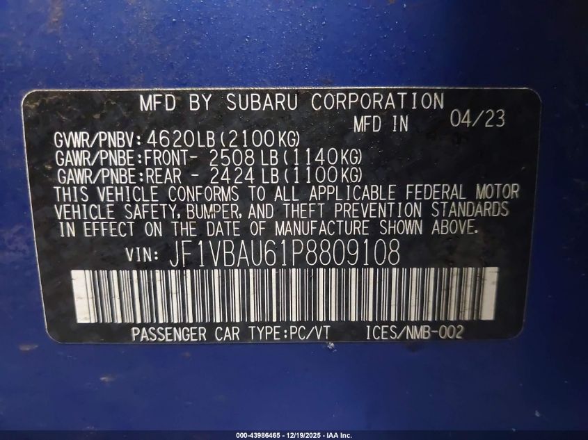 2023 Subaru Wrx Gt VIN: JF1VBAU61P8809108 Lot: 43986465