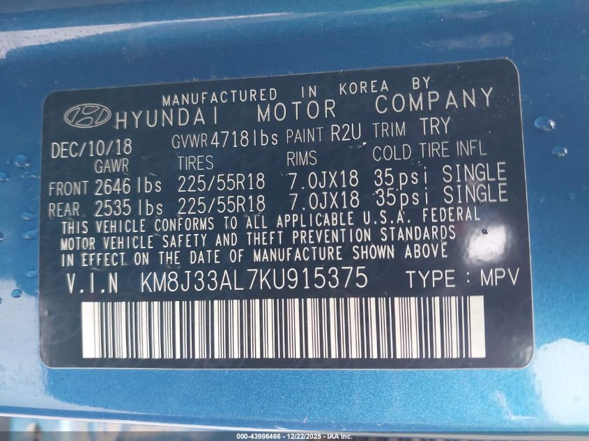 2019 Hyundai Tucson Limited VIN: KM8J33AL7KU915375 Lot: 43986466