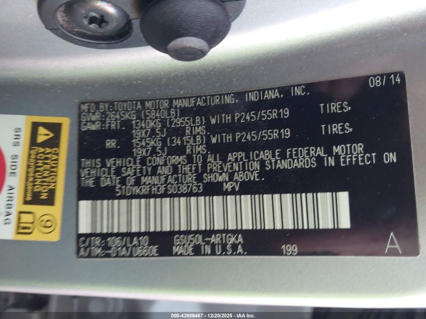 2015 Toyota Highlander Limited V6 VIN: 5TDYKRFH3FS038763 Lot: 43986467