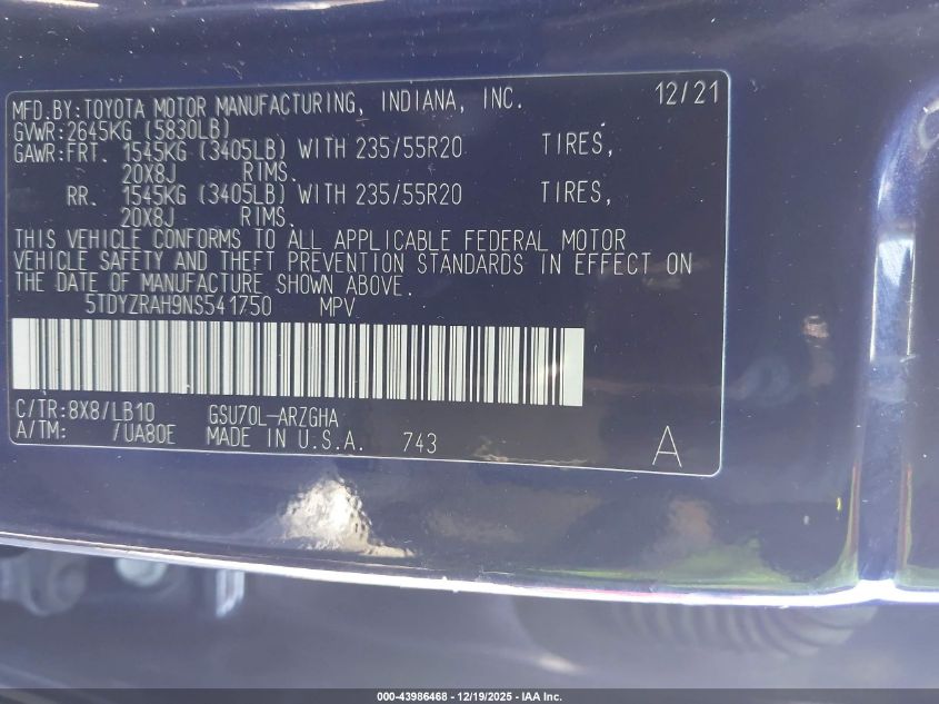 2022 Toyota Highlander Limited VIN: 5TDYZRAH9NS541750 Lot: 43986468