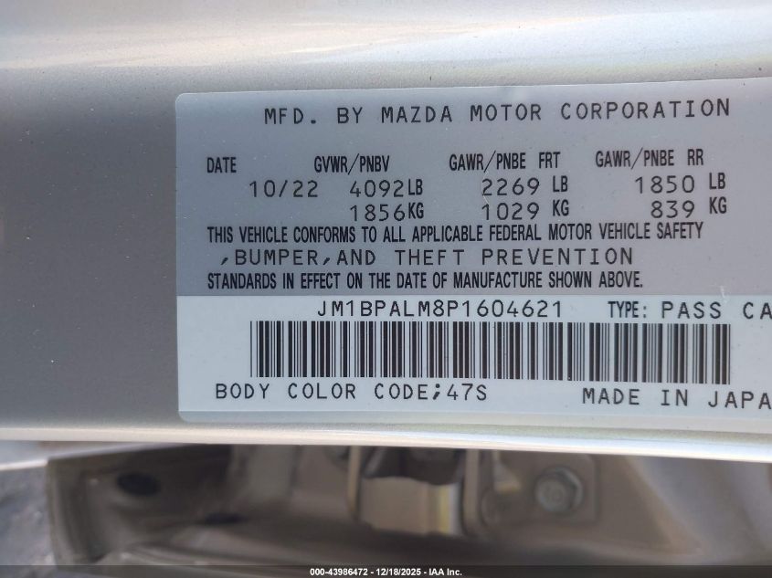 2023 Mazda 3 Preferred VIN: JM1BPALM8P1604621 Lot: 43986472