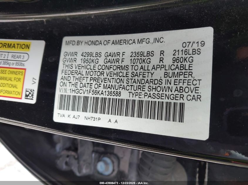 2019 Honda Accord Ex-L VIN: 1HGCV1F56KA136588 Lot: 43986473