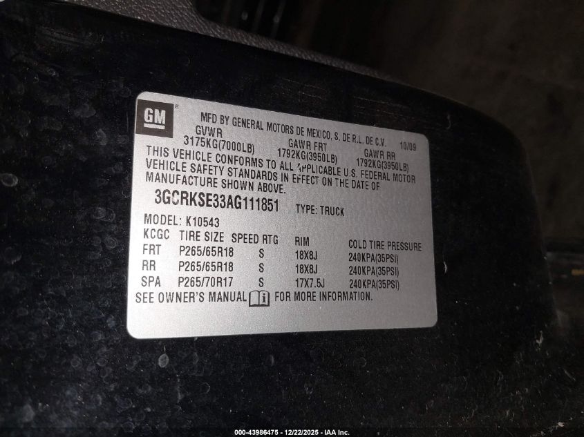 2010 Chevrolet Silverado 1500 Lt VIN: 3GCRKSE33AG111851 Lot: 43986475