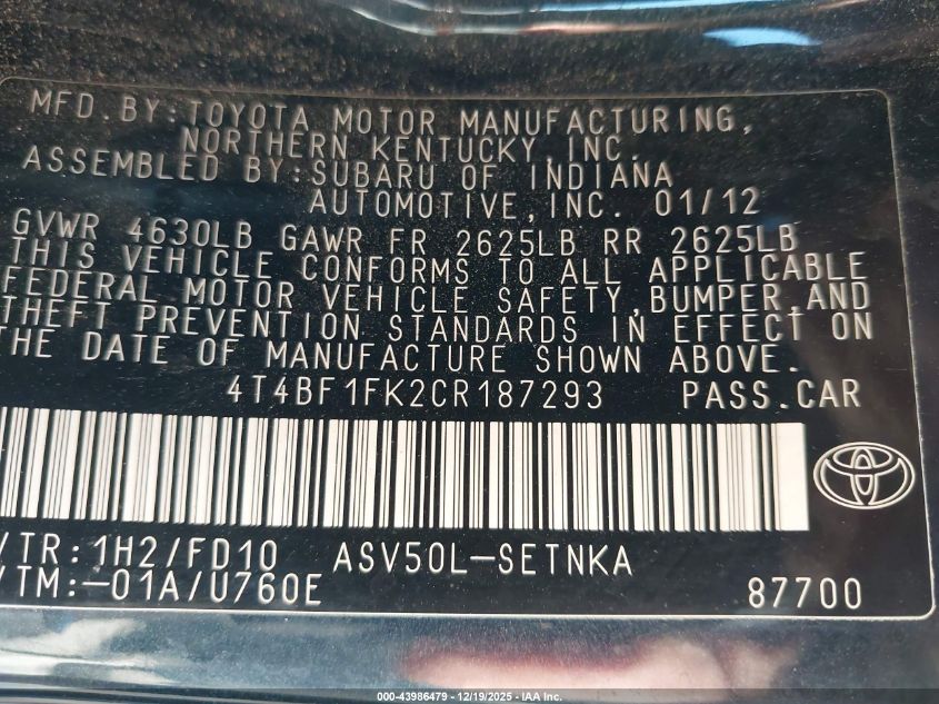 2012 Toyota Camry Le VIN: 4T4BF1FK2CR187293 Lot: 43986479