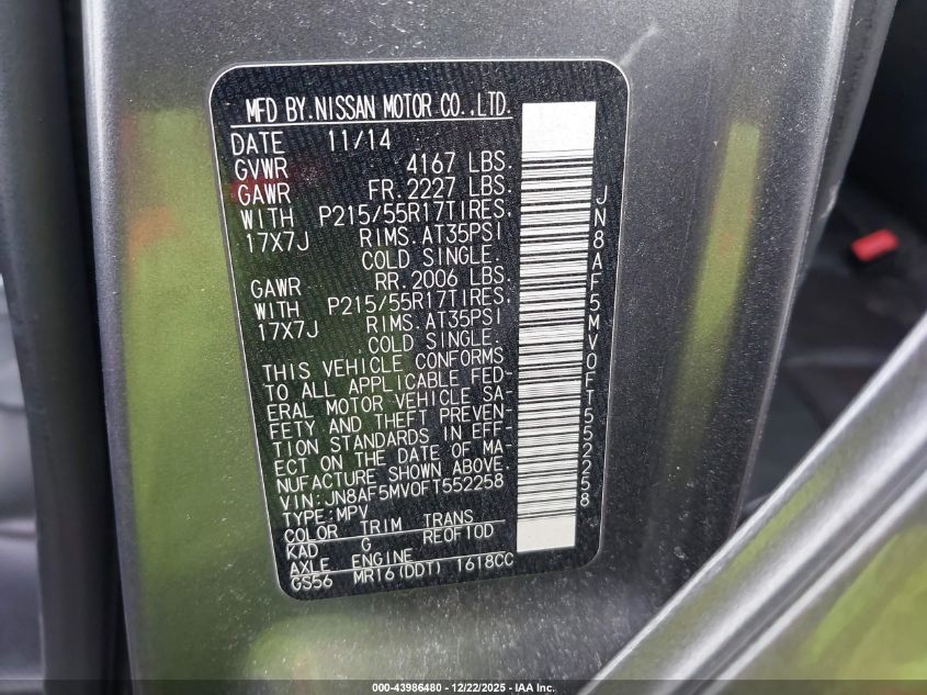 2015 Nissan Juke Sl VIN: JN8AF5MV0FT552258 Lot: 43986480