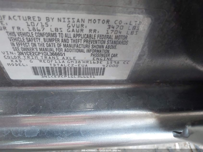 2016 Nissan Versa Note S Plus VIN: 3N1CE2CP1GL366651 Lot: 43986483