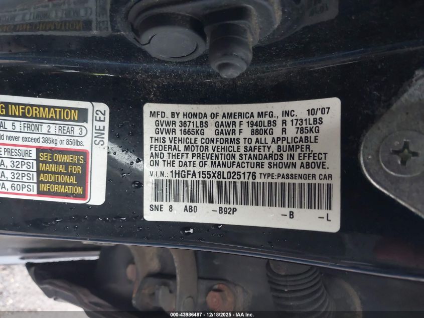 2008 Honda Civic Lx VIN: 1HGFA155X8L025176 Lot: 43986487