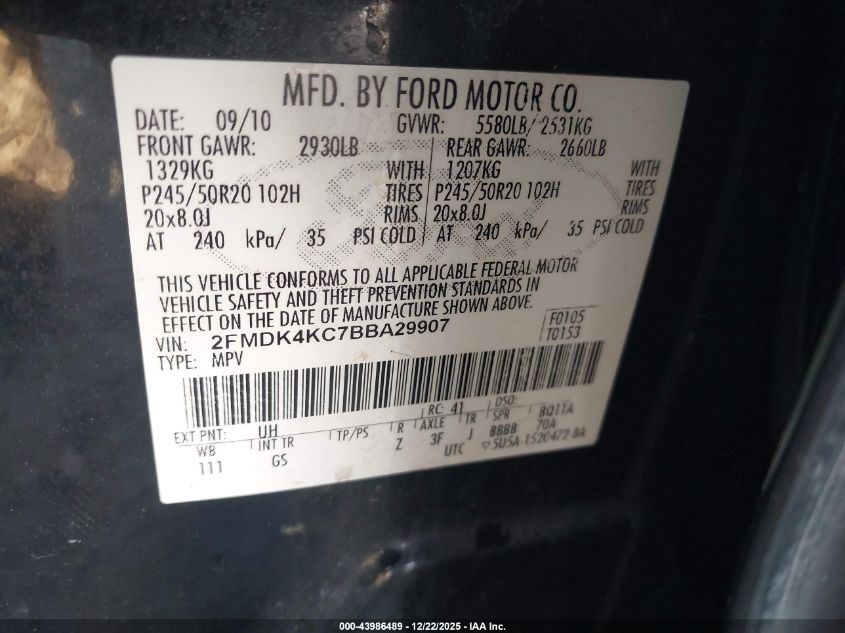 2011 Ford Edge Limited VIN: 2FMDK4KC7BBA29907 Lot: 43986489