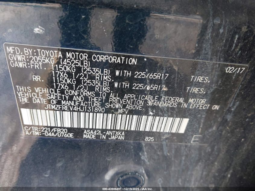 2017 Toyota Rav4 Le VIN: JTMZFREV4HJ131890 Lot: 43986491