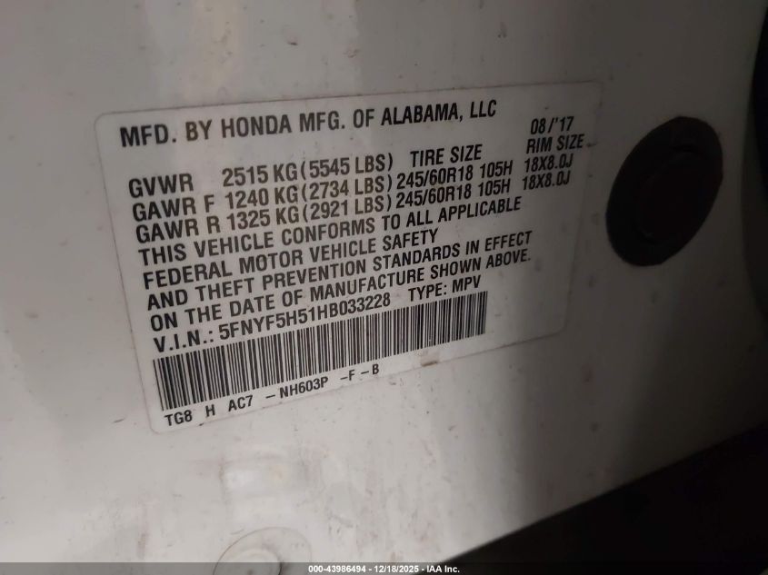 2017 Honda Pilot Ex-L VIN: 5FNYF5H51HB033228 Lot: 43986494