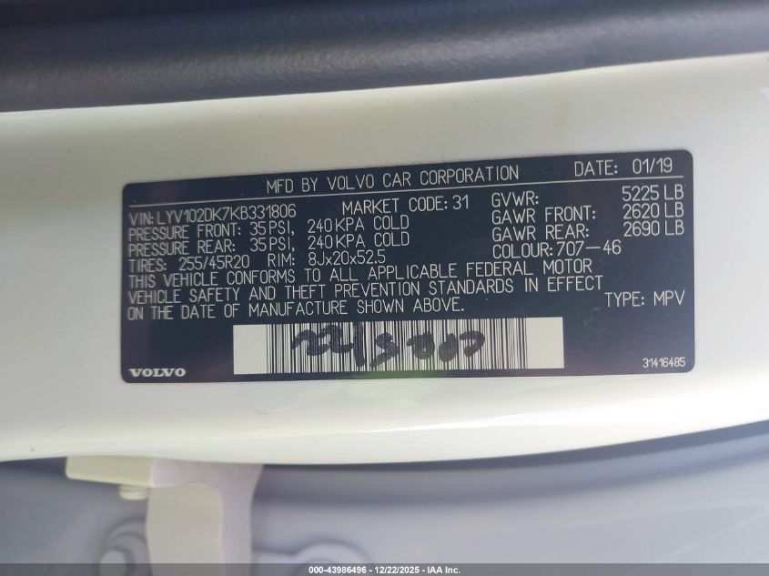 2019 Volvo Xc60 T5 Momentum VIN: LYV102DK7KB331806 Lot: 43986496