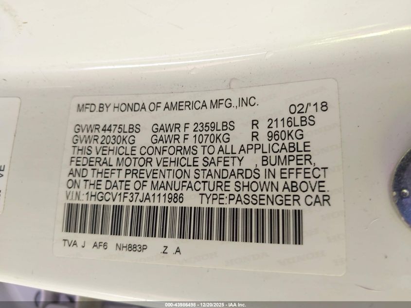 2018 Honda Accord Sport VIN: 1HGCV1F37JA111986 Lot: 43986498