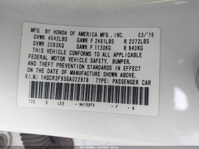 2016 Honda Accord Touring VIN: 1HGCR3F95GA022978 Lot: 43986500