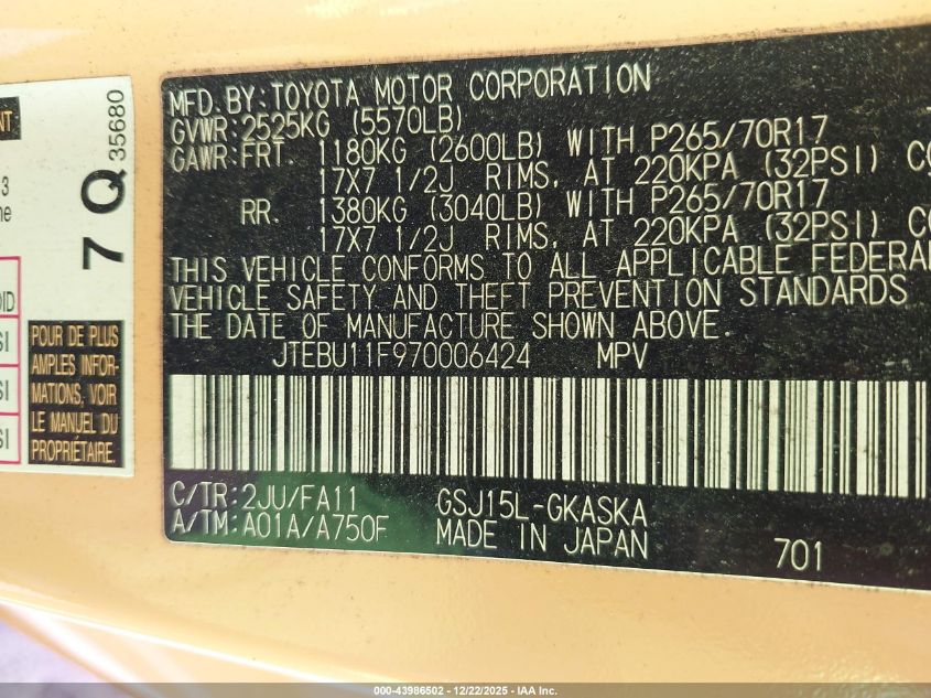 2007 Toyota Fj Cruiser VIN: JTEBU11F970006424 Lot: 43986502