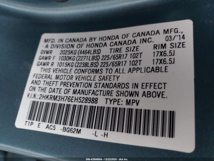 2014 Honda Cr-V Ex-L VIN: 2HKRM3H76EH528988 Lot: 43986504