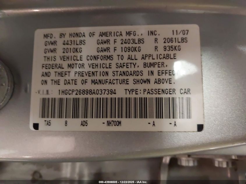 2008 Honda Accord 2.4 Ex-L VIN: 1HGCP26898A037394 Lot: 43986505