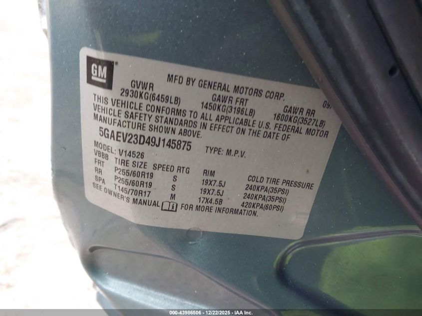 2009 Buick Enclave Cxl VIN: 5GAEV23D49J145875 Lot: 43986506