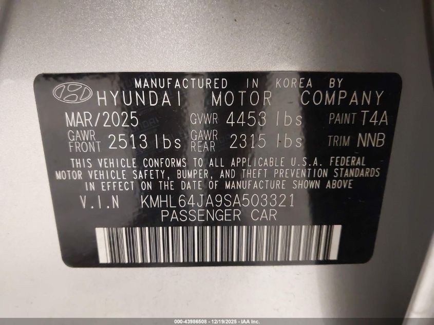 2025 Hyundai Sonata Sel VIN: KMHL64JA9SA503321 Lot: 43986508