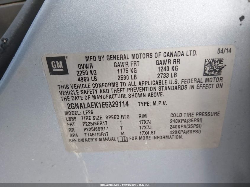 2014 Chevrolet Equinox Ls VIN: 2GNALAEK1E6329114 Lot: 43986509