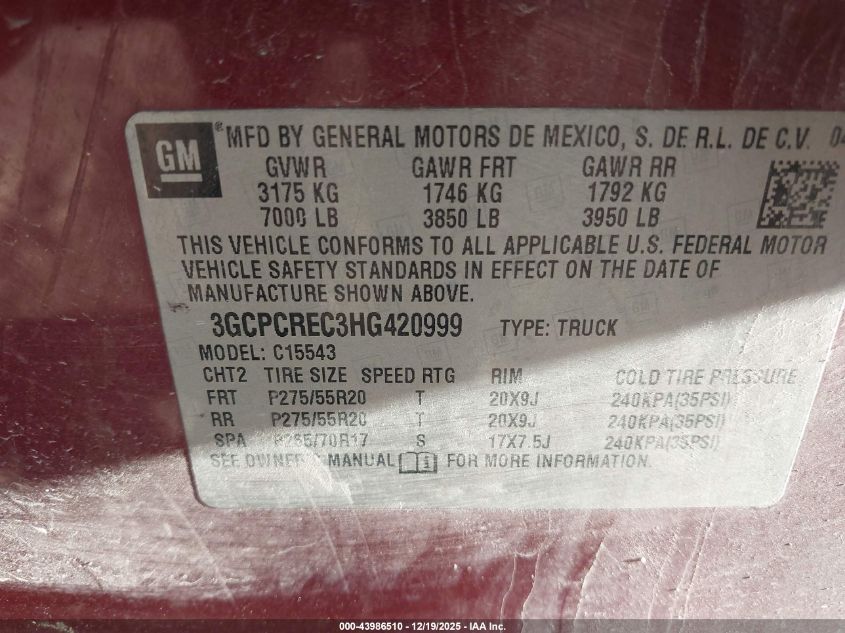 2017 Chevrolet Silverado 1500 1Lt VIN: 3GCPCREC3HG420999 Lot: 43986510