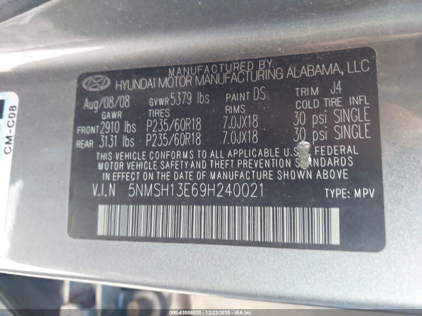 2009 Hyundai Santa Fe Se VIN: 5NMSH13E69H240021 Lot: 43986520