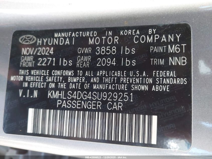 2025 Hyundai Elantra Sel Convenience VIN: KMHLS4DG4SU929251 Lot: 43986523