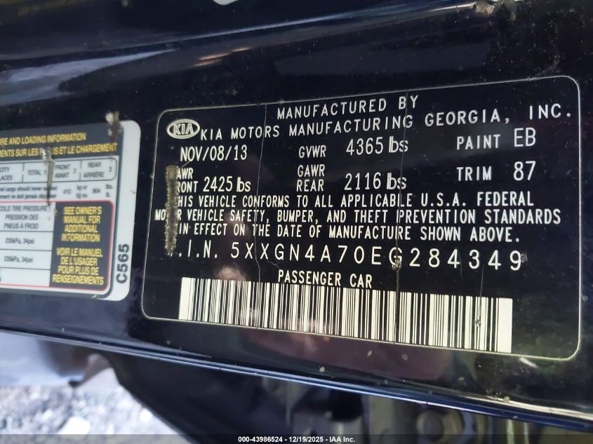 2014 Kia Optima Ex VIN: 5XXGN4A70EG284349 Lot: 43986524