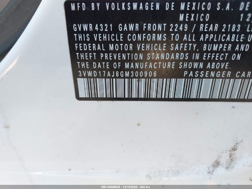 2016 Volkswagen Jetta 1.8T Sport VIN: 3VWD17AJ8GM300906 Lot: 43986525