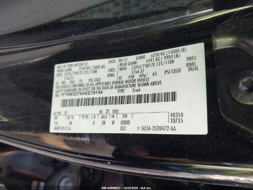 2017 Ford F-350 Lariat VIN: 1FT8W3DT6HEE78154 Lot: 43986527