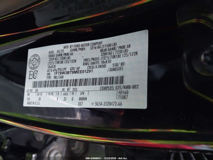 2021 Ford F-350 Lariat VIN: 1FT8W3BT9MEE01291 Lot: 43986531
