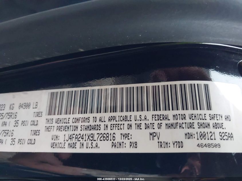 2009 Jeep Wrangler X VIN: 1J4FA241X9L726816 Lot: 43986533