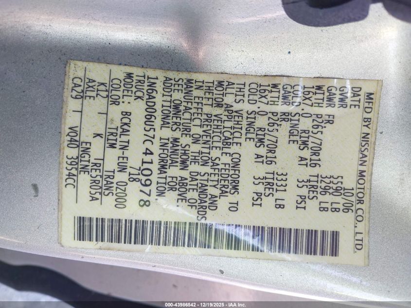 2007 Nissan Frontier Se VIN: 1N6AD06U57C410978 Lot: 43986542