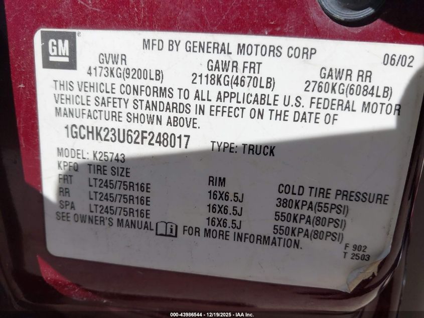 2002 Chevrolet Silverado 2500Hd Ls VIN: 1GCHK23U62F248017 Lot: 43986544