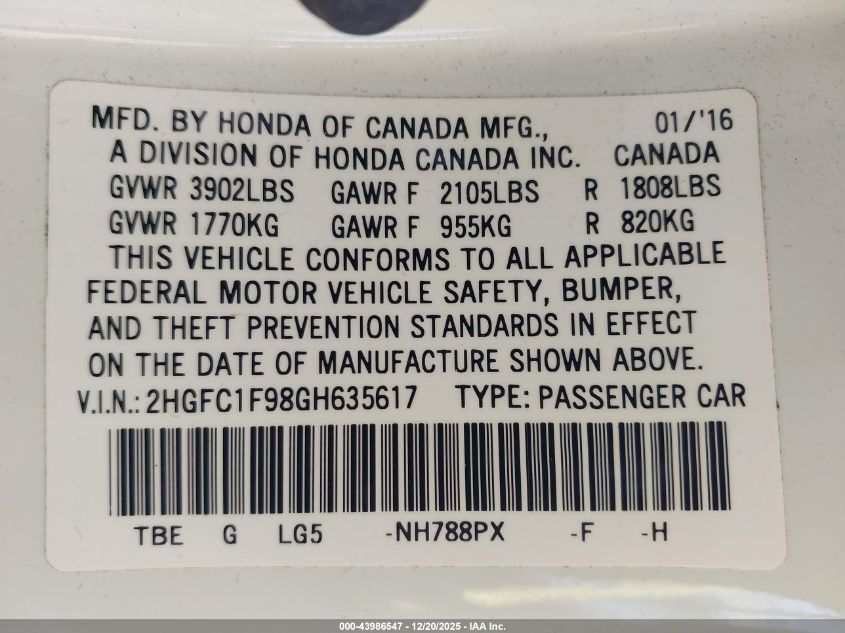 2016 Honda Civic Touring VIN: 2HGFC1F98GH635617 Lot: 43986547