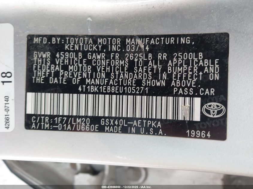 2014 Toyota Avalon Limited VIN: 4T1BK1EB8EU105271 Lot: 43986550