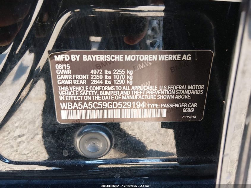 2016 BMW 528I VIN: WBA5A5C59GD529194 Lot: 43986551