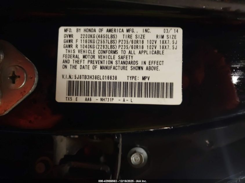 2014 Acura Rdx VIN: 5J8TB3H38EL016638 Lot: 43986563