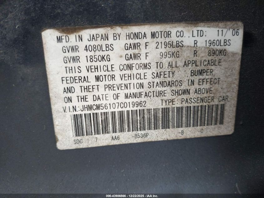 2007 Honda Accord 2.4 Vp VIN: JHMCM56107C019962 Lot: 43986566