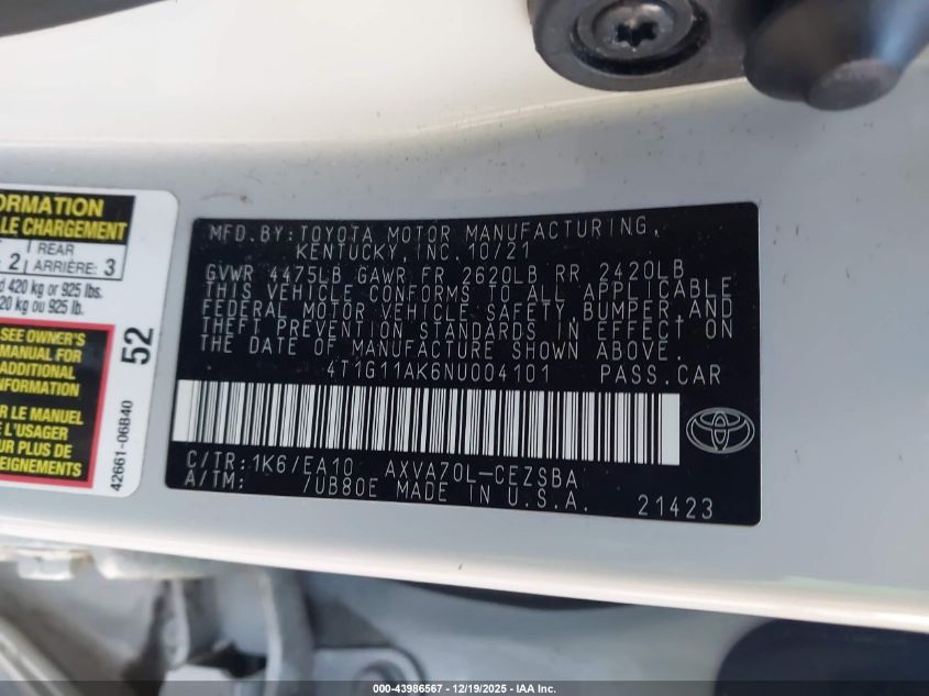 2022 Toyota Camry Se VIN: 4T1G11AK6NU004101 Lot: 43986567