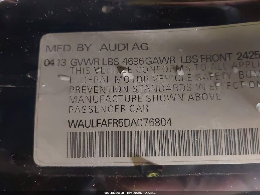 2013 Audi A5 2.0T Premium VIN: WAULFAFR5DA076804 Lot: 43986568