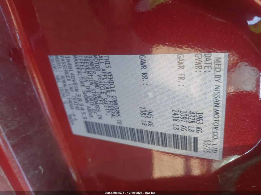 2025 Nissan Altima Sv Fwd VIN: 1N4BL4DV8SN383453 Lot: 43986571